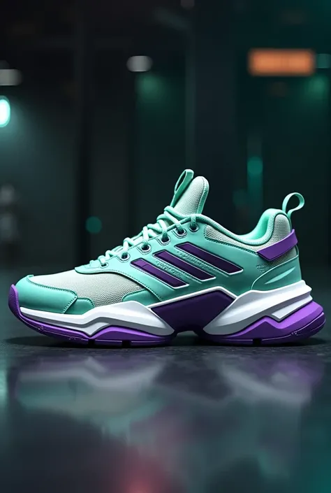  gym training sneakers ,  with expiration for weight-lifting athletes, Adidas , with design of the future, high sole ,  colors water green, white and purple