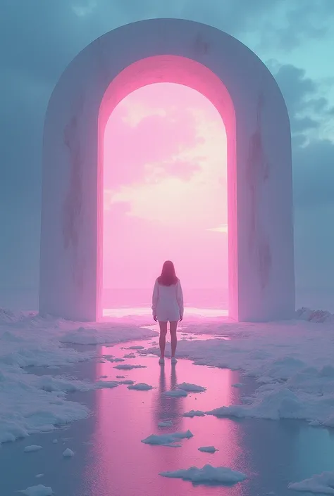 350mm film photography,howcase the breathtaking beauty of a person approaching a luminous and colorful bright interdimension,standing in a large white object, artem demura beeple, beeple daily art, realism | beeple, looking out at a pink ocean, inspired by...