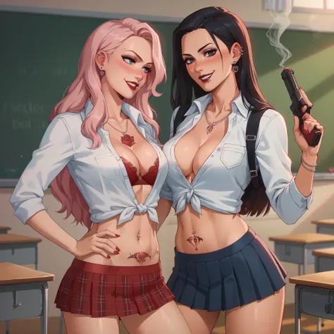 1girl, two girls, anime girls, ear piercing, long hair, blush, lipstick,Hot girl, baddie, smoking, sensual, attractive ,masterpiece, best quality, unbuttoned school uniform, cleavage, necklace, earrings, sexy body , micro skirt, smiling, navel , exposed b...