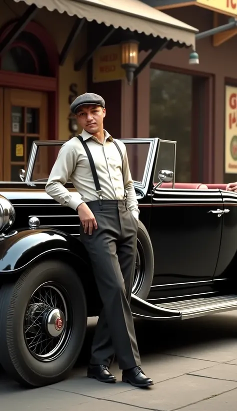 Vintage 1930s city street scene featuring a stylishly dressed man leaning against a shiny black Cadillac V-16 Phaeton. Men wear classic 1930s fashion: tailored trousers, suspenders and button-down shirts, wearing  pet cap. The backdrop features an antique ...