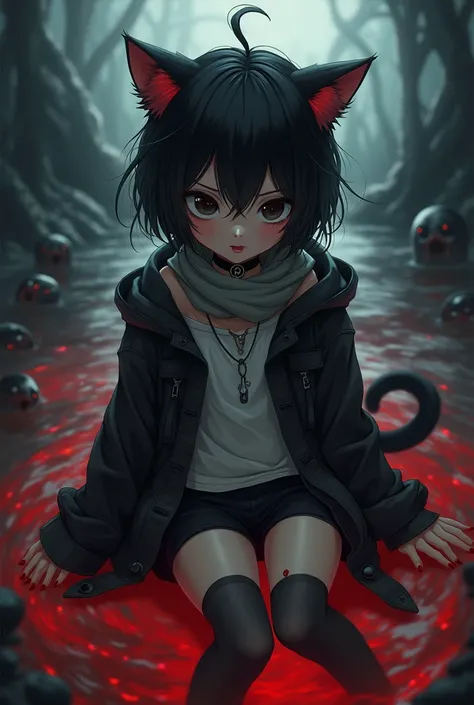 short hair、 Black Hair、cat ears、 black pupils 、小學clothing、 Black Stockings 、 Japanese animation style 、cute、Girls、 only one person 、dark skin、Cat girl、 collar、 Hairstyle Slightly messy ， Edge Cut Sharp 。 Hair Dropped Over Face、Height 143 、thin waist、Big As...