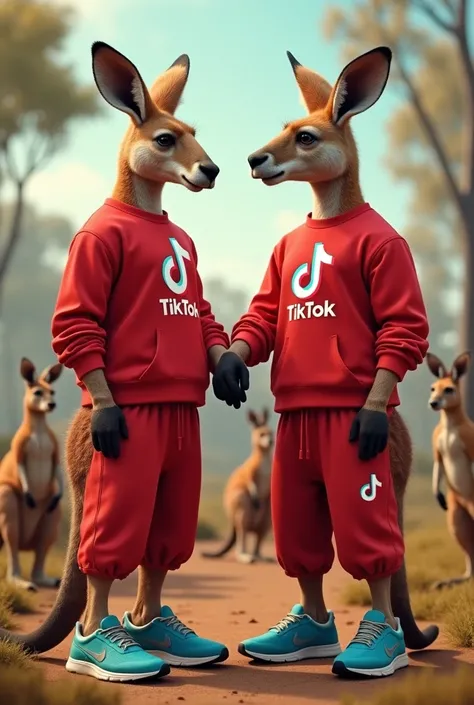  2 tall kangaroos men greeting each other shaking hands dressed in red sweater with TikTok logo, pants with TikTok logo and blue Nike shoes both , And from the waist down human without a tail in the background many kangaroos a community that look real