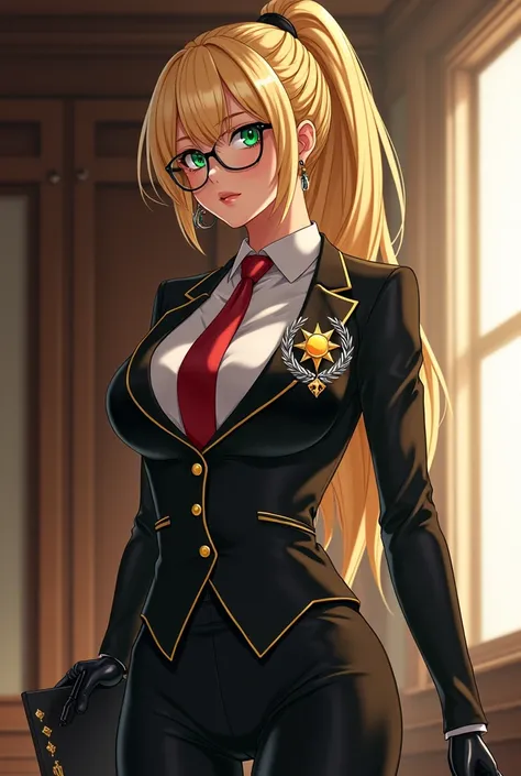  A beautiful woman with long shiny gold-blond hair , tied in a ponytail.  Her emerald green eyes are intense ,  and they seem to have an intense shine .  She wears black glasses . She carries with her a drawing board and a black pen .  She has a considerab...