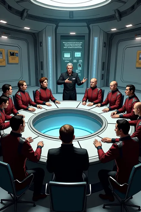  12 people seated in a meeting room of a spaceship ,  the image shows the 12 people sitting at a large round table made of metal, with captain ,  one of the 12 people standing with their hands on the table telling about a serious matter 