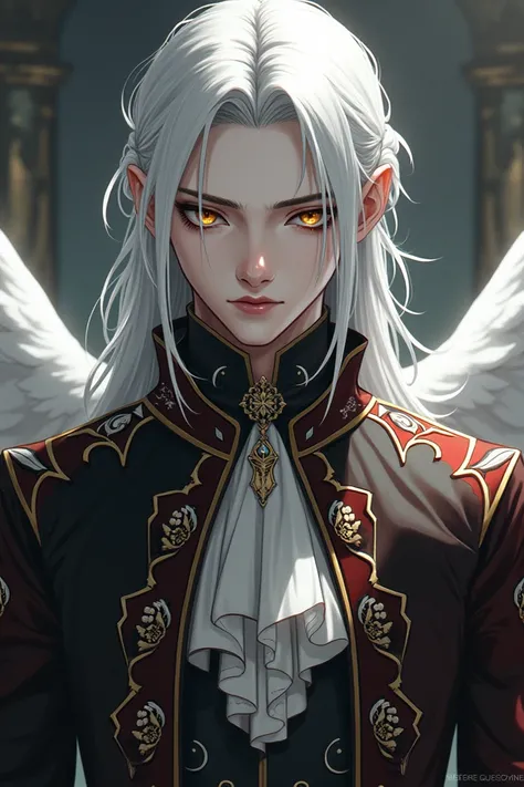  Draw for me a man , Vampire angel , In anime format,  where he has white hair ,  yellow eyes and beautiful royal clothes .  And he also has light gray skin .  His hair is long ,  lightly tied .  Their clothes are similar to Indian clothes mixed with,  ao ...