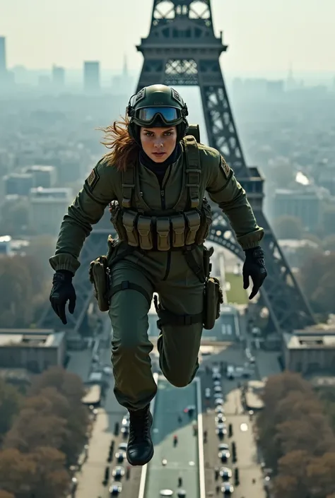 Woman in paratrooper outfit jumping off the Eifel Tower