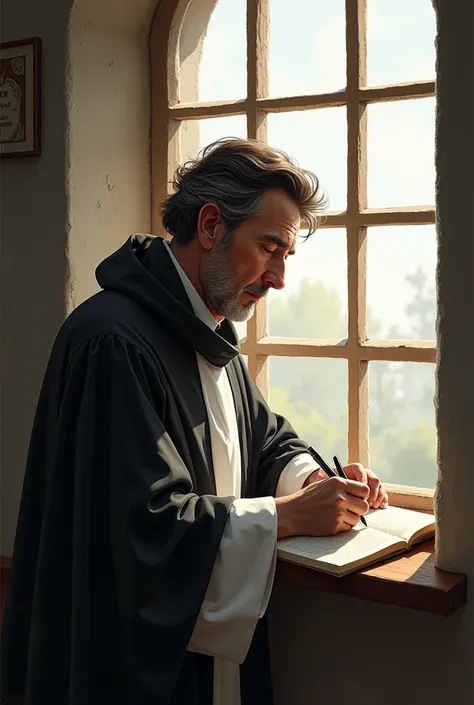 Draw me a middle aged man
With a pen writing looking out the window with medium dark brown hair with a black and white cassock with very little hair