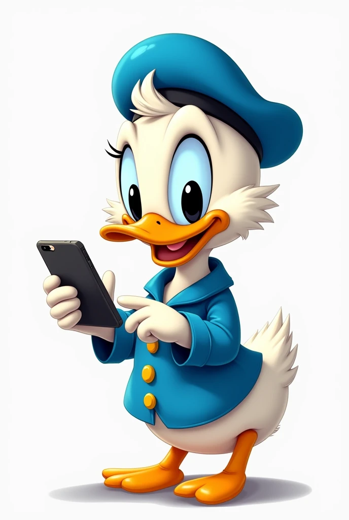 An image of the similar duck or Donald Duck smiling wearing blue clothes and wearing a hat and holding a cell phone in his hand 