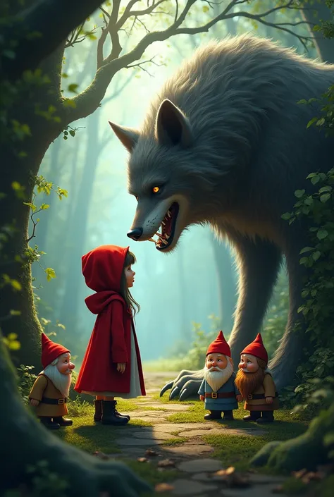 Little Riding Hood talking to wolf in the forest and the three dwarves together