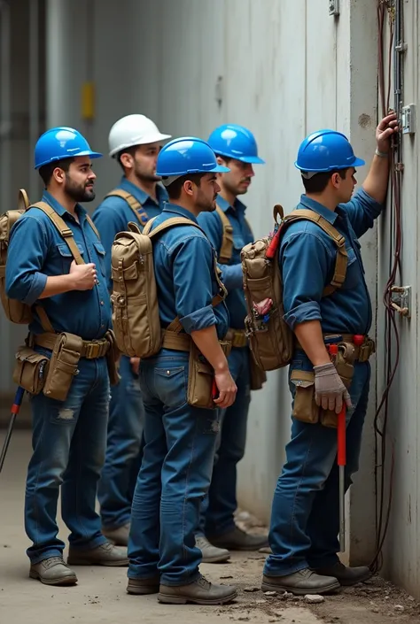  Five electricians with tools, four with blue helmets and one with white helmets ,  all men 
