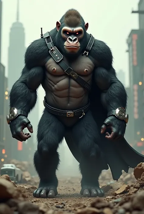 "A hyper-realistic and ultra-detailed 4K image of a realistic version of the Crazy Monkey from The Powerpuff Girls, transformed into an imposing gorilla in the style of Planet of the Apes. The gorilla wears a sophisticated futuristic robbery cloak with met...