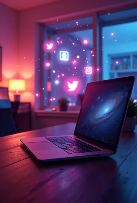  A futuristic and technological environment with vibrant shades of pink neon , Blue and purple,  highlighting social media icons floating in a bright galactic space with glowing stars.  A modern laptop on a dark wood desk , reflecting colored lights . In t...