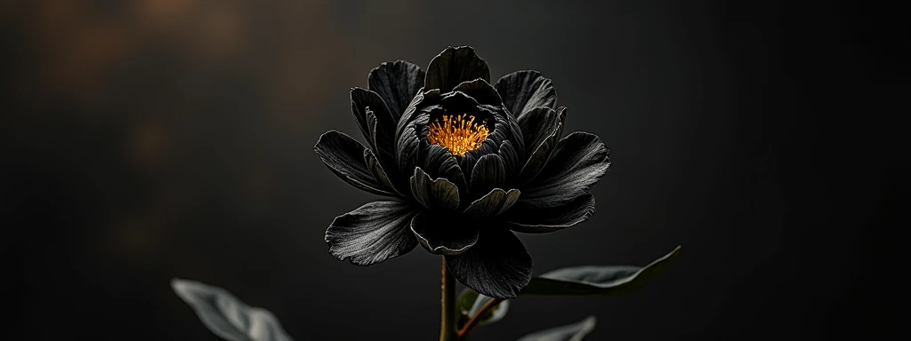 A single jet black peony flower, gold dust