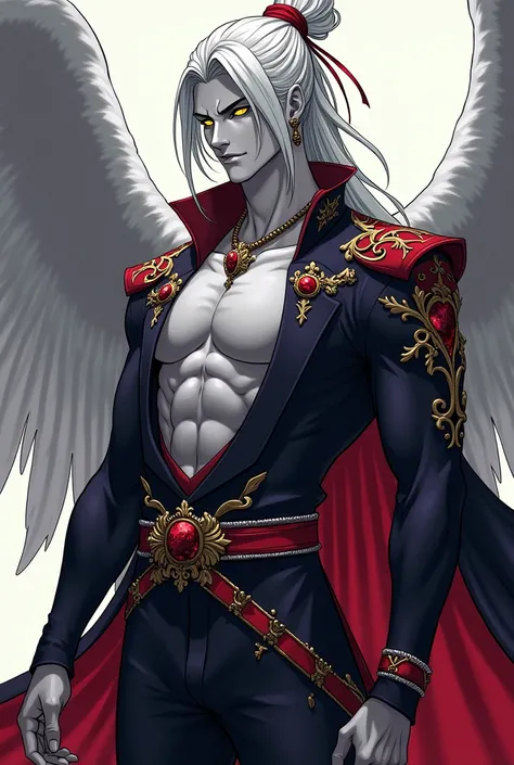  Draw for me a man , Vampire angel , In anime format, a muscular adult man where he has long white hair ,  lightly tied ,  yellow eyes .  Their clothes look like Indian clothes mixed with,  ao mesmo tempo , Victorian.  He doesnt have to have wings .  And h...