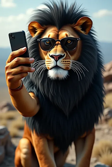  Now make a realistic image of a lion with a black mane, posing and taking a mirror photo with a cell phone ,  wearing dark glasses.