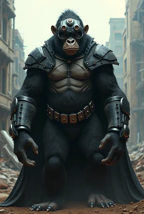 "A hyper-realistic and ultra-detailed 4K image of a realistic version of the Crazy Monkey from The Powerpuff Girls, transformed into an imposing gorilla in the style of Planet of the Apes. The gorilla wears a sophisticated futuristic robbery cloak with met...