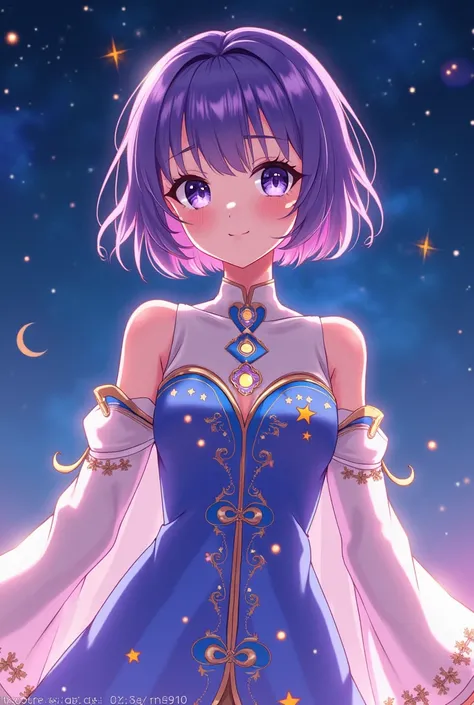 anime girl with short purple hair and themed costellation clothes full body front