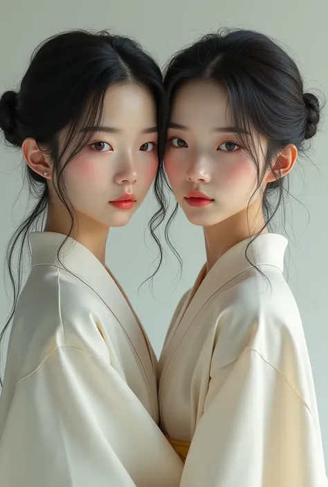  Create an image of a man and a woman side by side , they are twins and they are Japanese  
