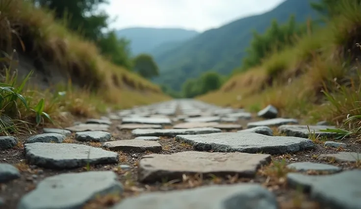 A close-up image of a particularly stony and uneven road, capturing the rough texture and potential for causing discomfort to those traveling by foot. This can be set amidst nature, highlighting the contrast between the beautiful scenery and the difficult ...