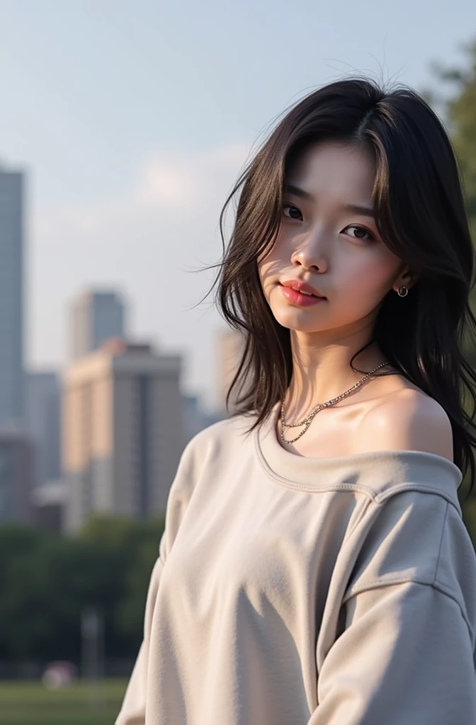 23-year-old girl, beautiful, long shoulder-length hair, almond eyes, no makeup, dark sweatshirt, big shirt, sweatpants, sunrise, park, city skyline, off shoulder, (photo:1.2), (super realistic:  1.3), (very detailed: 1.1), ((masterpiece)),