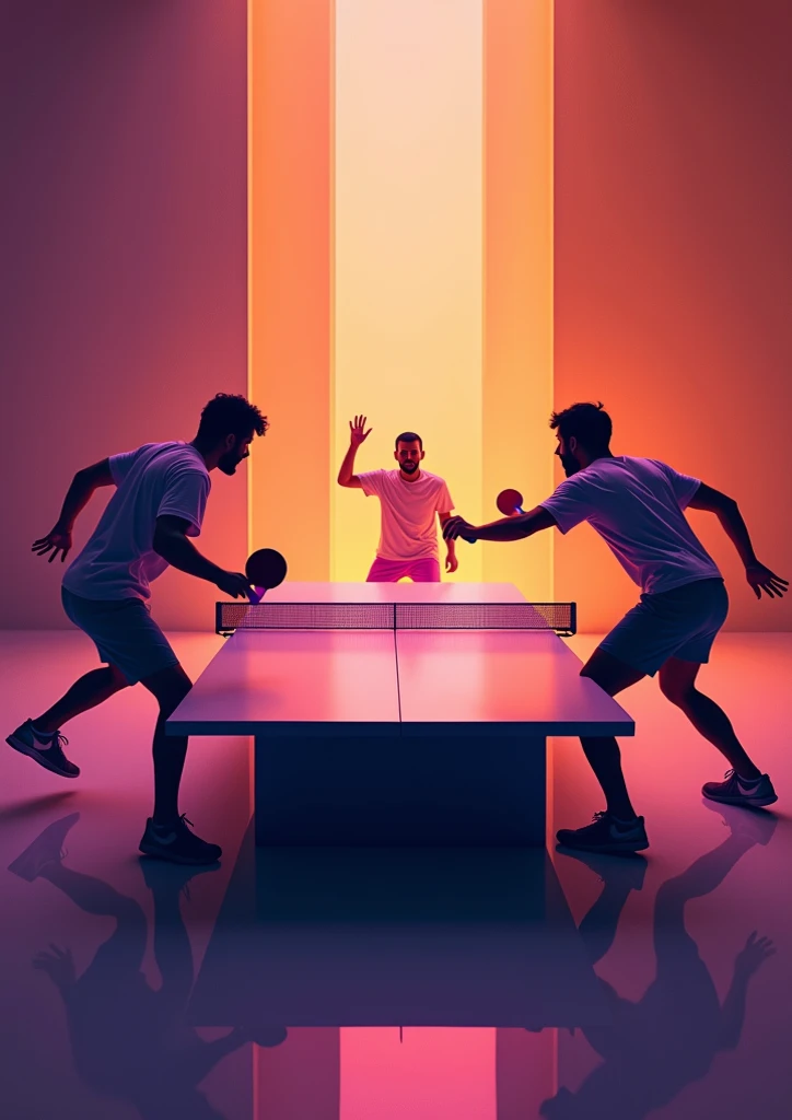 I want you to make me an image showing a very exciting table tennis game that this image shows the players excited and leaves space at the top to be able to put the information,  that is used to make a poster or a graphic piece that is striking that has th...