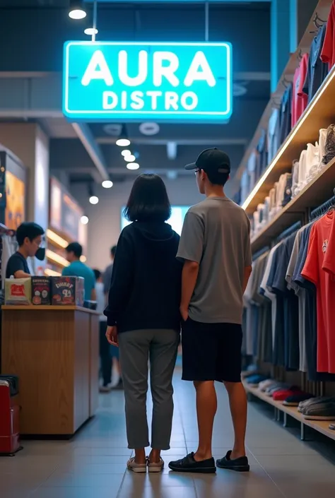 A couple from Indonesia, 20 years old woman is a little fat. Wearing a black hoodie, gray trousers, Eiger style sandals. Standard body man, wearing a gray t-shirt, wearing a black baseball cap, wearing black shorts, wearing sneakers. standing while posing ...