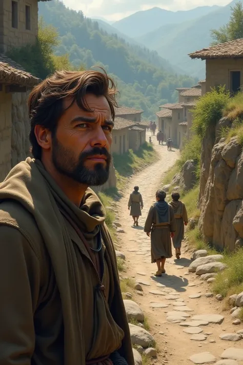 An image depicting the man with a compassionate expression, gazing over the stony roads with worry. In the background, villagers or travelers can be seen walking along the same path, illustrating the shared hardship and emphasizing empathy for others.
