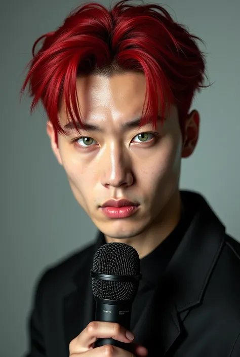 red-haired Korean man with green eyes holding a microphone