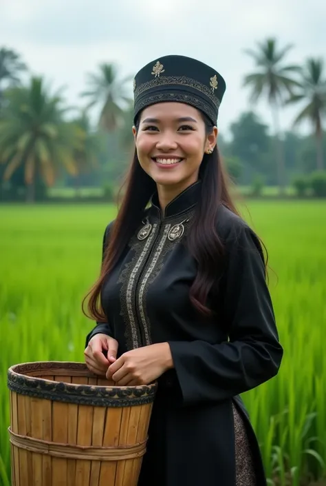 realistic, cinematic, Close-up, a beautiful Indonesian woman is smiling at the camera, with a background of rice fields, trees and clouds. He wore a black traditional Javanese costume, wore a hat, and carried a bamboo bucket. She had long black hair that w...