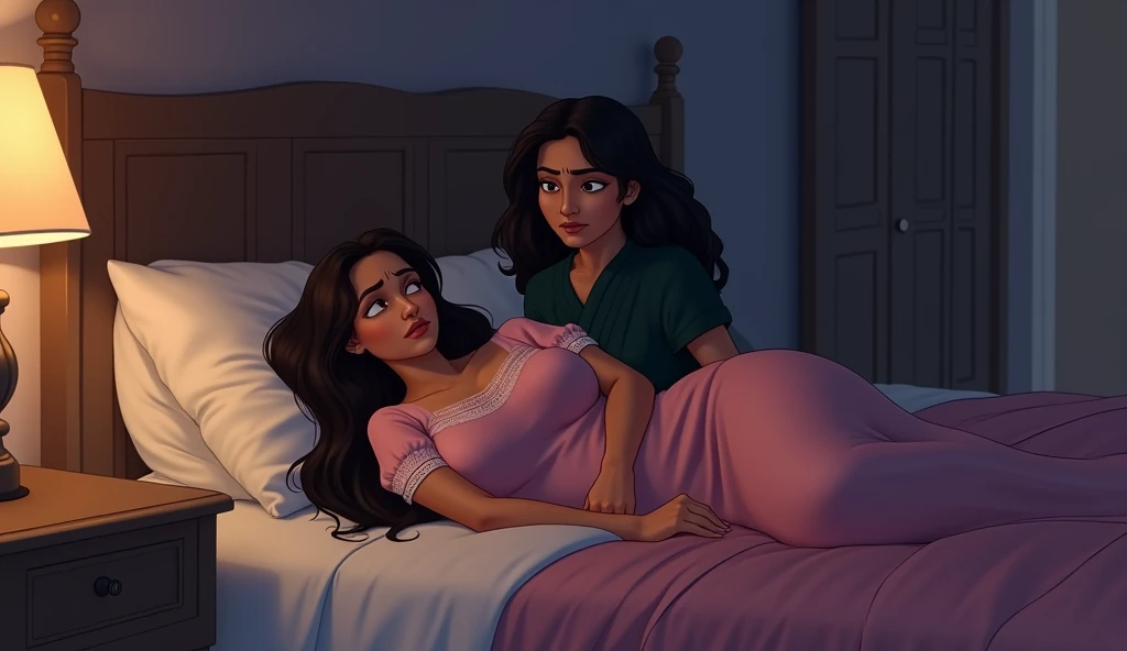 A nighttime bedroom scene where beautiful Priyanka sleeps beside sexy beautiful Jaya. Cury and nude Jaya lies peacefully in a pink nightgown, her long hair spread across the pillow. Priyanka, wearing a dark green salwar, watches her sister with concern und...