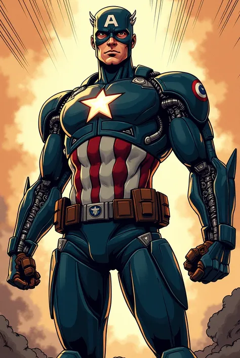 mechanical captain america as Ironman with arc reactor on chest in manga image