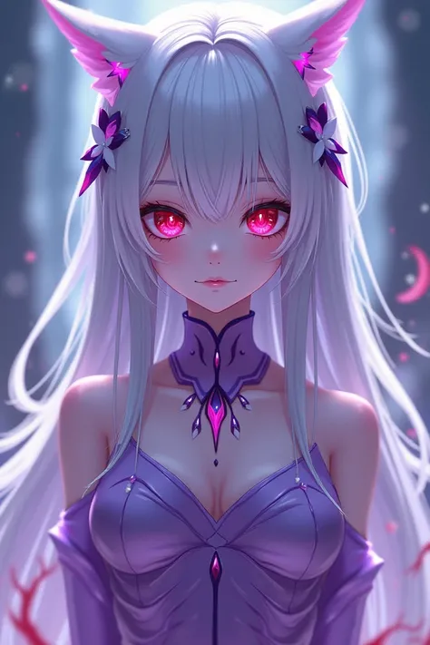 Anime girl with light purple skin, long white hair, and red eyes