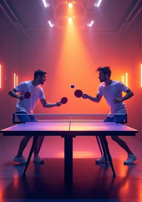 I want you to make me an image showing a very exciting table tennis game that this image shows the players excited and leaves space at the top to be able to put the information,  that is used to make a poster or a graphic piece that is striking that has th...