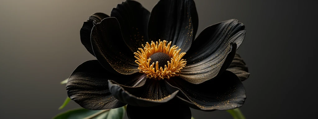 A single jet black peony flower, gold dust