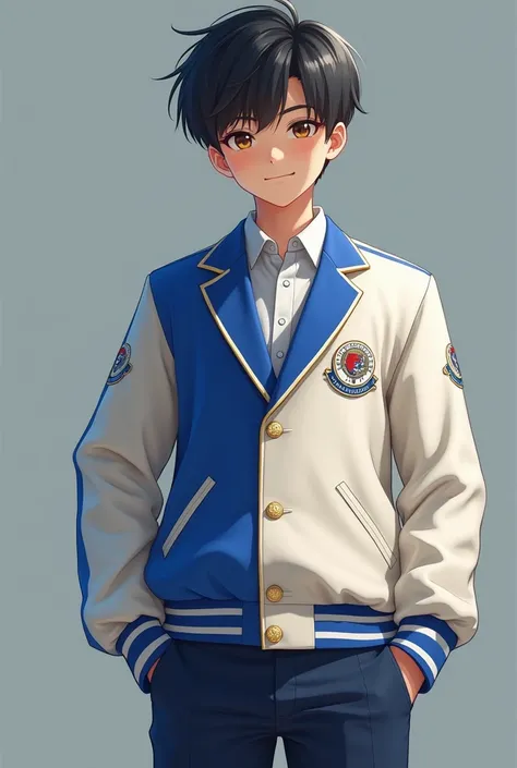  Please make me an authentic and Super spectacular 11th grade promotion jacket in white beige,And in the back in royal blue .thank you 