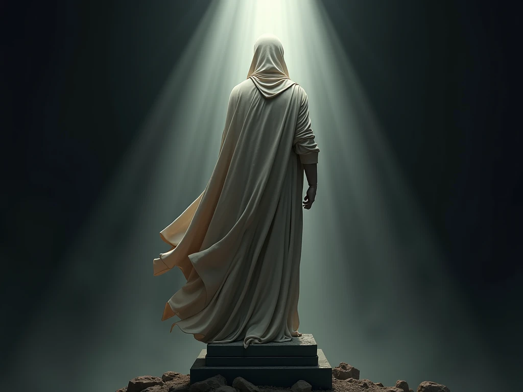 A classical statue with robes and a hood, gazing at the horizon with determination, as a beam of light cuts through the darkness.