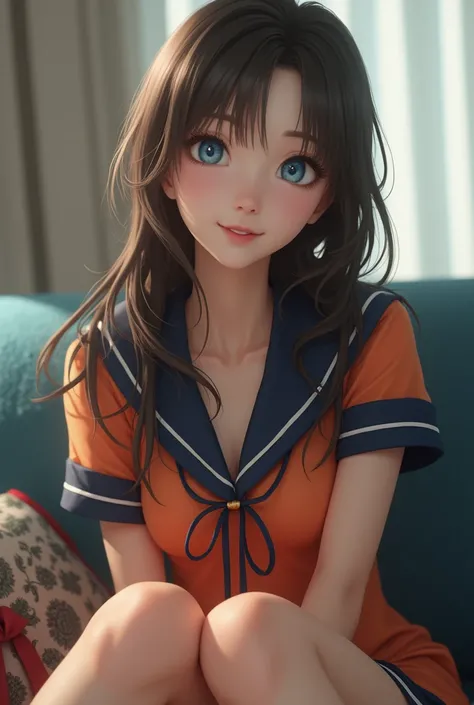 realistic photo, 1 Japanese woman,  light blue eyes , smiling,  dressed in a navy orange sailor dress with red sandals , sitting on the couch with her legs open ,  detailed face and body , natural light,  High resolution , photorealistic, ( highest quality...