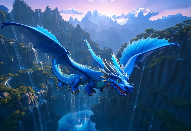  A blue dragon flying between floating mountains in the sky , At dusk.  The wings are large and membranous ,  with bright eyes and details on the scales . The style is hyperrealistic,  with warm lighting and long shadows .  The sky is full of fluffy clouds...