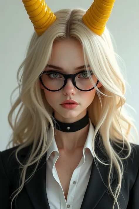 Female character with long blond hair, yellow horns and black glasses and an elegant suit shirt and a not so cheerful smile 