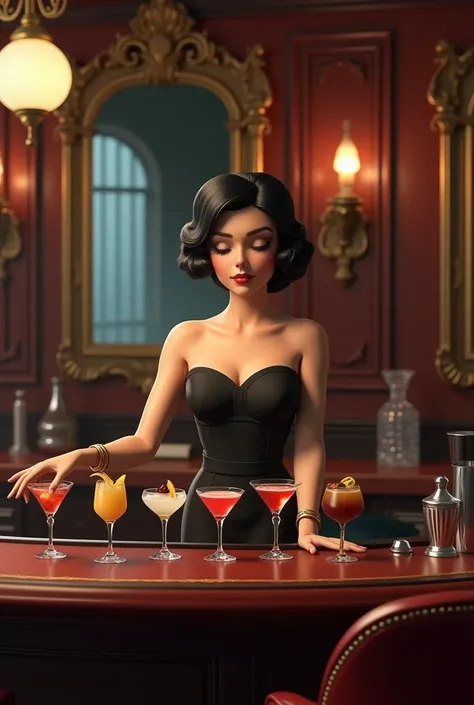 Vintage view , Snow White, now more adult, is the bartender of a classic luxury bar from the 1950s, showing and displaying her exact 7 mini drinks 