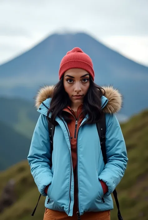 Real human photo, Fika is a young woman with shoulder length  wavy  black hair ,  medium body,   and fair skin. She has well-defined eyebrows, large black eyes, . Wearing light blue winter jacket, red beannie, brown cargo pant,  She is standing facing forw...