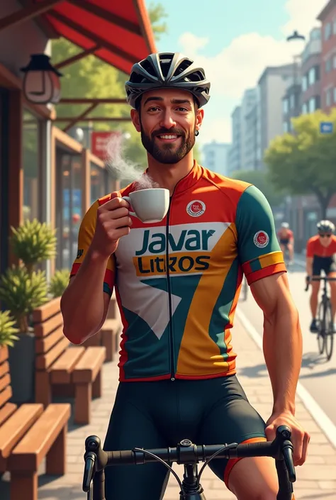 Make a man wearing a bike jersey drinking coffee in front of a coffee shop with bicycle and highway background