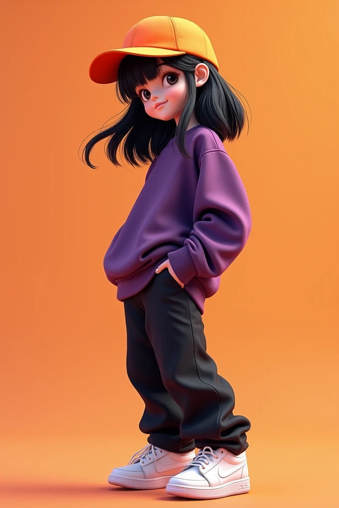 I want to create a girl with loose black hair and with an orange cap and a dark purple shirt and black pants and white sneakers