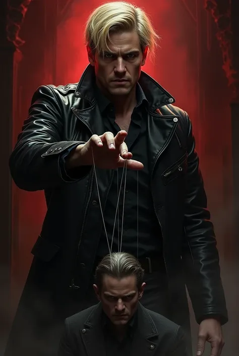  The cover shows the character Constantine with a dark expression ,  with blond hair and tight lips ,  wearing a black leather jacket. Her hand is raised ,  with his fingers extended as if he were manipulating puppets .  From his fingers hang thin wires th...