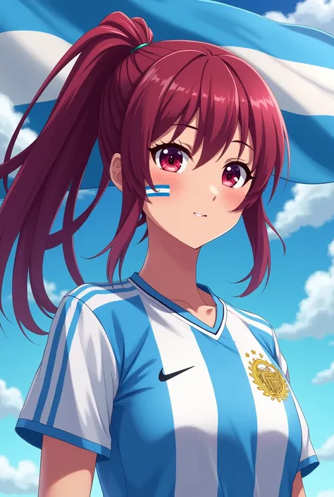 "Anime-style female character with dark red hair tied in a ponytail, wearing a white and light blue striped soccer jersey representing Argentina, with an Argentine flag painted on her cheek. The background features a waving Argentine flag, and the characte...