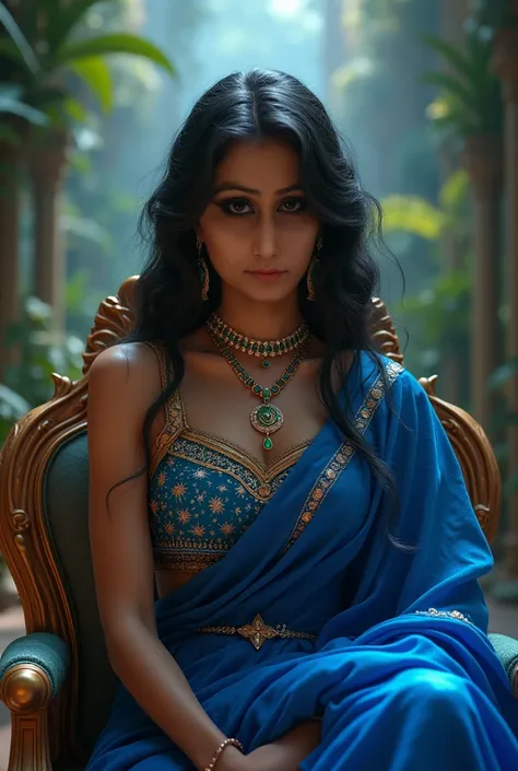 Beautifull princess wearing magnificent 
Blue royal dark blue glowing Magnificent saree with beautiful emeralds, neck pendant with RIYA written on it ,amazing palace  background, Masterpiece, sitting in palace on beautiful throne,amazing posture like model...