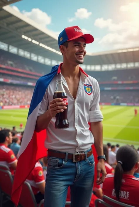 A handsome young man in a football stadium without a skinny tall white shirt wearing puffy jeans smiling with a little red white blue hat standing from his seat in a very public audience behind a Coca-Cola in his hand and a Paraguayan flag on his back of a...