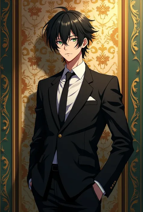 anime. unfurled black-haired boy cut and green eye.  attractive boy .high. affulent adult .. age 25 years. full body from head to toe.. with black suit ...wallpaper .