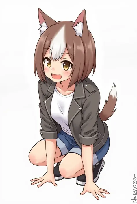  1 girl,  animal ears ,  bangs between eyes, tooth, Brown Hair, accurate, chest,  dog ear, Grin, Grin,  simple background, Movement illustration,  illustration , whole body,squat,Place both hands on the ground，Shorts，Leather jacket