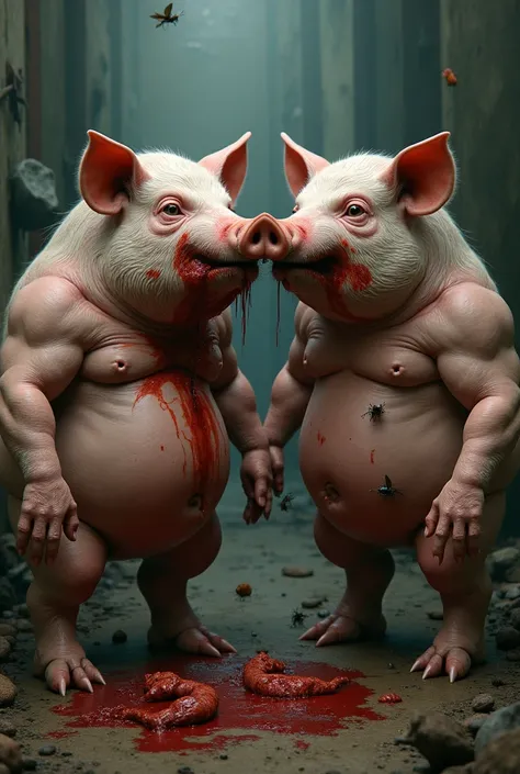 It generates the image of a pig eating another pig ,  that both have mens bodies and look depressed, sad and unhappy , Let them look sinister and full of shit around them

